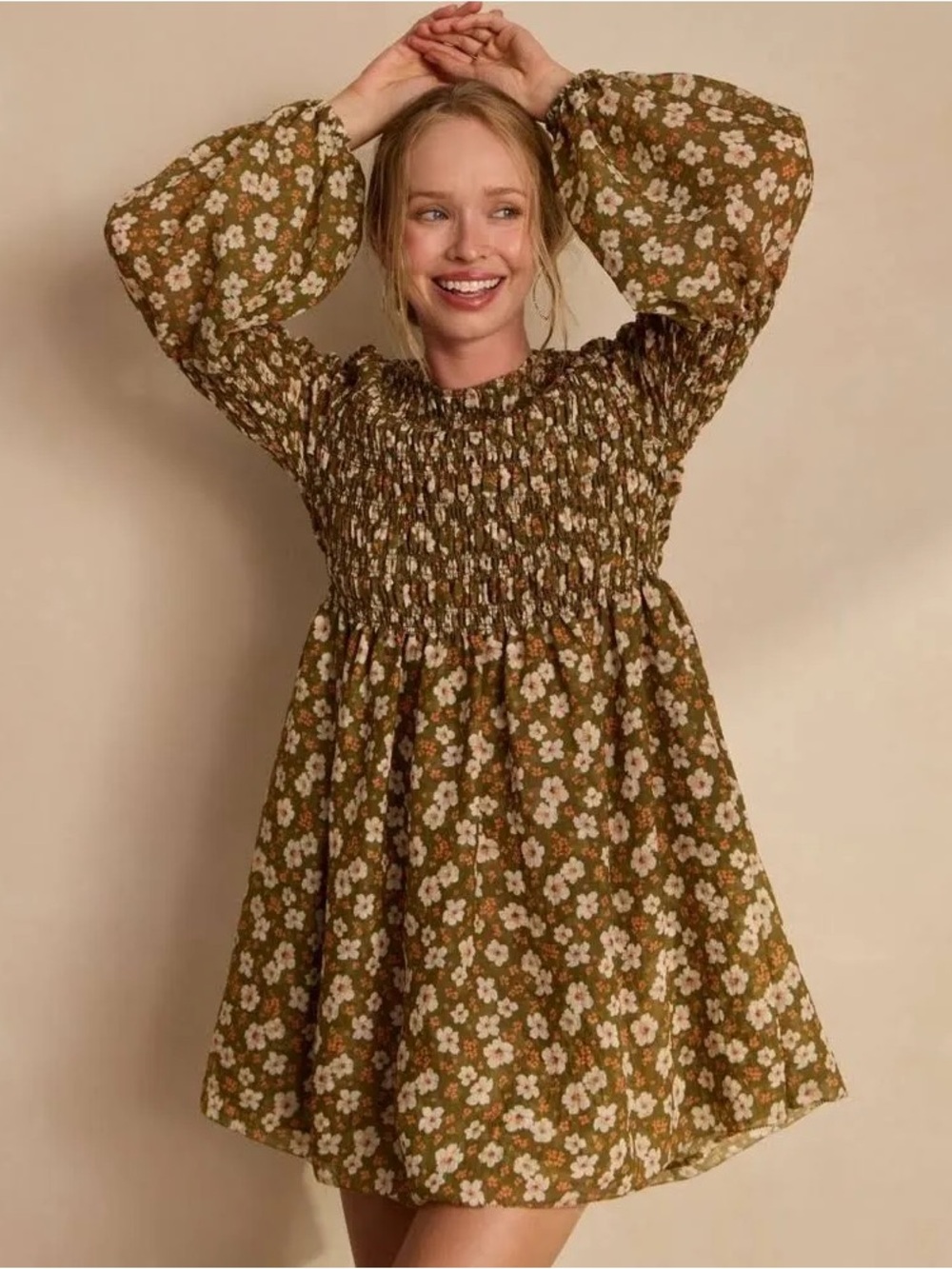 Tecovas Olive Floral Smocked Long-Sleeve Dress with Puff Sleeves - Picture 5 of 6